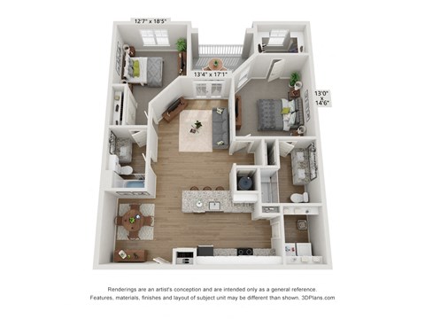 Floor plan for 2 beds, 2 baths, 1204 sqft